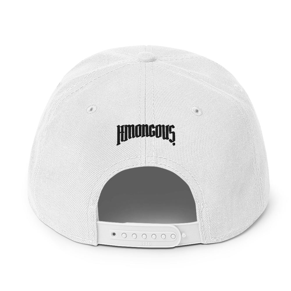 Back view of a white hat with a black Hmongous logo.