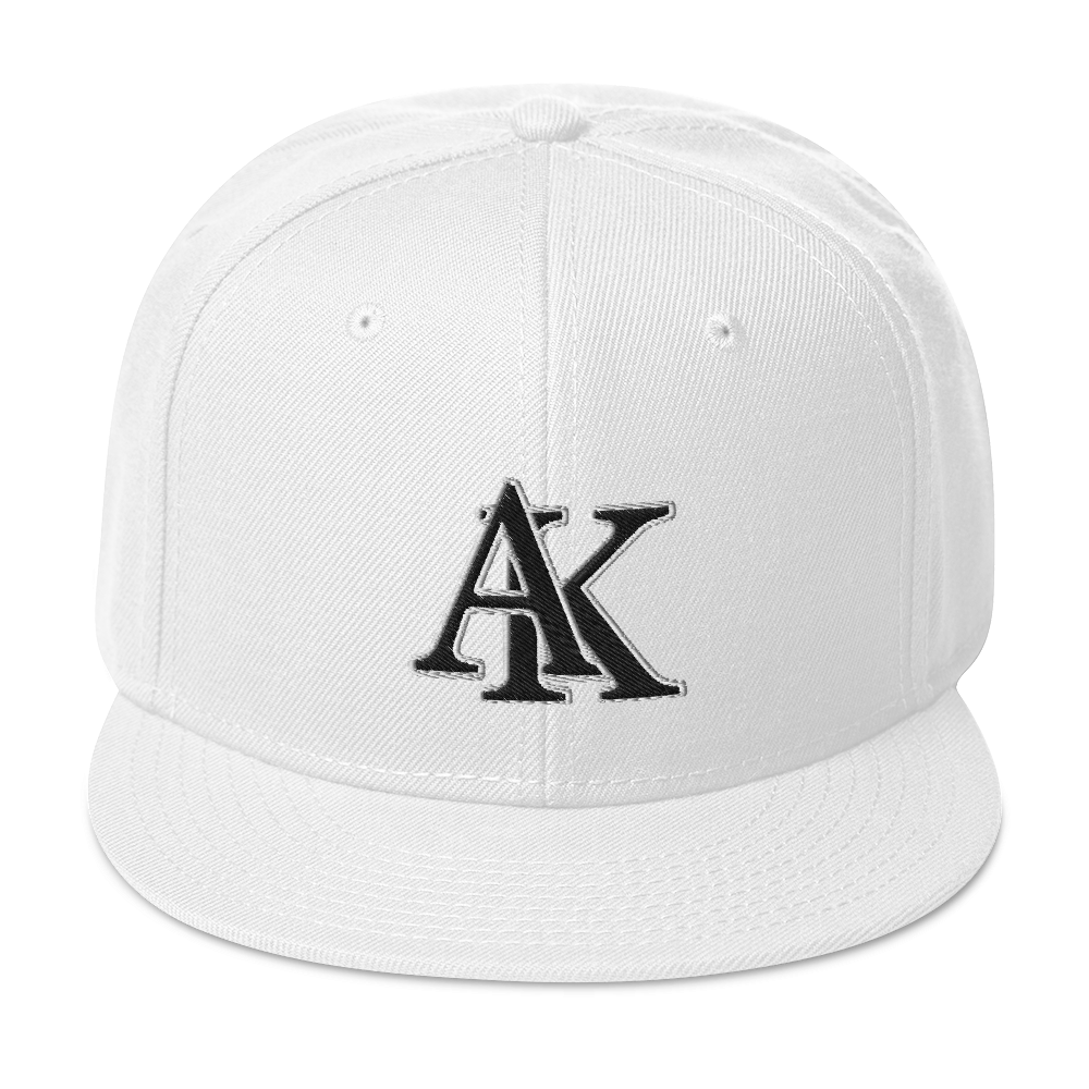 Front view of a white hat with a black Alaska abbreviation